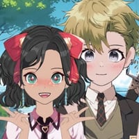 Cute boy and girl anime couple using hand signs