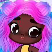 Cute chibi girl getting a pastel rainbow hairstyle makeover in a kawaii salon