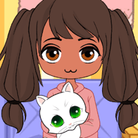 Kawaii chibi girl with pigtails and a kitten