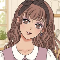 Cute anime cottagecore girl with braided hairstyles, flowers, glasses and pastel outfits in cozy kitchen and woodland settings