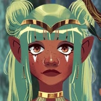 Female forest guardian with green hair