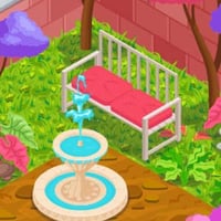 Pink bench in a cute, green garden.