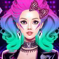 Glam anime inspired Korean girl with pink to teal hair wearing a tiara surrounded by makeup and accessories in a neon stage setting