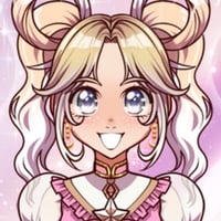 A magical girl in anime style poses amid sparkles with frilly fashion and pastel effects