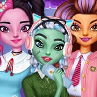 Three stylish Monster High girls in school outfits with colorful hair and spooky forest background