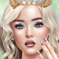 Close-up of a pastel aesthetic makeup girl with soft shimmer eyeshadow, glossy lips, and floral crown
