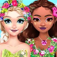 Princesses Elsa and Moana in flower crowns