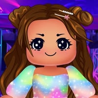Roblox girl avatar with brown hair and rainbow shirt