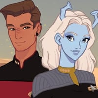 Andorian woman and human man in Star Trek