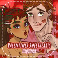 A cute illustrated couple leaning close together in red and pink outfits with soft Valentine themed backgrounds and heart details