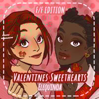 Two illustrated girls in a romantic Valentine themed portrait with matching pink and red styling and soft heart details
