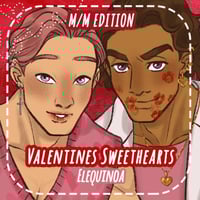 Two illustrated men posing together in a Valentine themed couple portrait with warm colors and heart accents