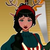 A cute anime style Christmas elf girl holding a gift sack in a cozy toy workshop