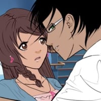 Romantic scene of young anime brunette girl and boyfriend hugging each other