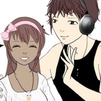 Happy anime couple of a brunette girl and a boy with headphones