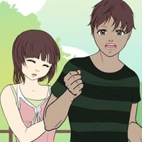 A cute scared girl and a fierce or surprised boyfriend at the park