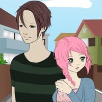 Anime pink haired girl with her boyfriend on the street
