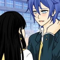 Cute anime college couple having a conversation in school