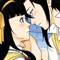 Romantic scene of an anime college couple looking at each other
