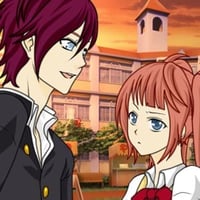 Cute anime college couple talking in school under cute sunset