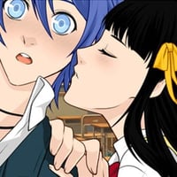 Anime college girl telling a secret to surprised blue-haired guy in the classroom