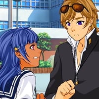 Blue haired anime girl annoyed at her blond boyfriend in High School