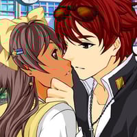Romantic manga scene of a brunette girl and a rehaired guy kissing in college