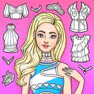 A fashion doll in a pink themed interface