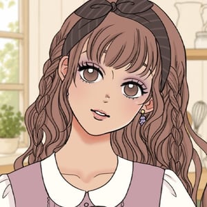 Cute anime cottagecore girl with braided hairstyles, flowers, glasses and pastel outfits in cozy kitchen and woodland settings
