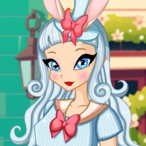 Cute anime fairy girl with bunny ears and pastel Easter outfit holding an egg basket in a whimsical spring setting