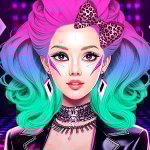 Glam anime inspired Korean girl with pink to teal hair wearing a tiara surrounded by makeup and accessories in a neon stage setting