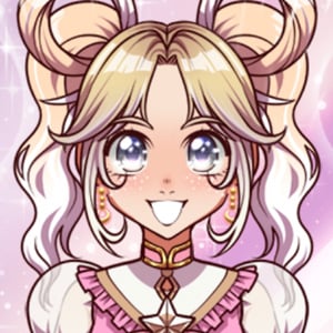 A magical girl in anime style poses amid sparkles with frilly fashion and pastel effects