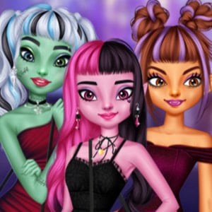 Three cute monster girls in glam goth dresses posing together in a spooky castle backdrop