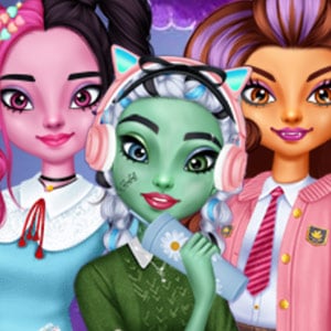 Three stylish Monster High girls in school outfits with colorful hair and spooky forest background