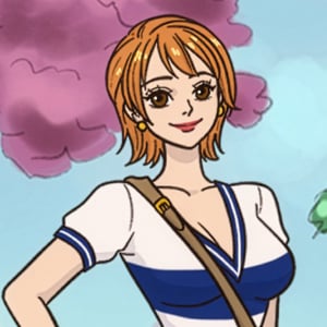Nami from One Piece in her striped blue shirt