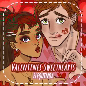 A cute illustrated couple leaning close together in red and pink outfits with soft Valentine themed backgrounds and heart details