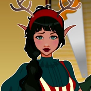 A cute anime style Christmas elf girl holding a gift sack in a cozy toy workshop