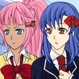 Pink haired and blue haired anime college girls staring at something