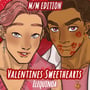 Two illustrated men posing together in a Valentine themed couple portrait with warm colors and heart accents