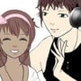 Happy anime couple of a brunette girl and a boy with headphones