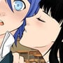 Anime college girl telling a secret to surprised blue-haired guy in the classroom