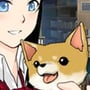 Anime college couple petting a cute dog in the school library