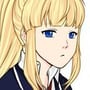 Anime college blond girl sad or disappointed at school.