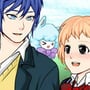 Happy anime college couple with magic kawaii and colored sheep pets