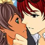 Romantic manga scene of a brunette girl and a rehaired guy kissing in college