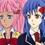 Pink haired and blue haired anime college girls staring at something