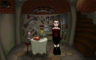 El protagonista en el sótano cenando con un caniche