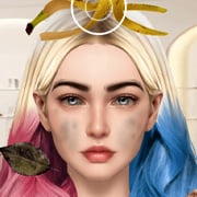 A blonde virtual model with split pink and blue hair getting an ASMR style facial and makeup makeover in a beauty studio.