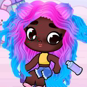 Cute chibi girl getting a pastel rainbow hairstyle makeover in a kawaii salon