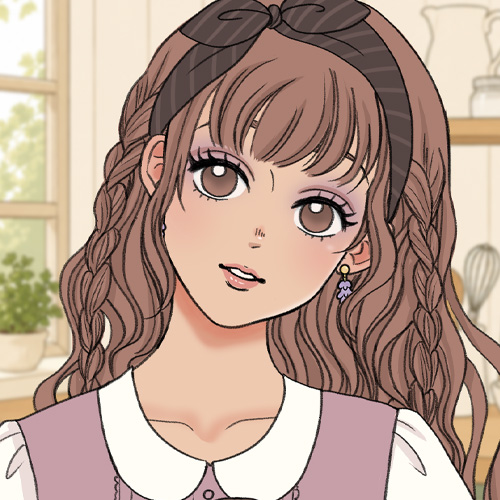 Cute anime cottagecore girl with braided hairstyles, flowers, glasses and pastel outfits in cozy kitchen and woodland settings